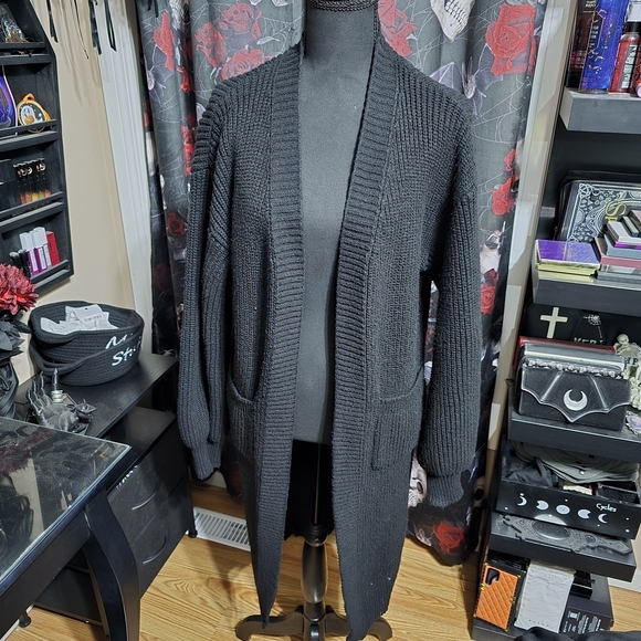 None Sweaters - Elegant Black Open-Front Cardigan
